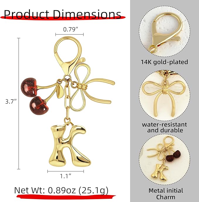 Gold Bubble Heart, Cherry, Bow & More Designs Letter Initial Keychain Bag Charms – Cute Purse Charms for Handbags