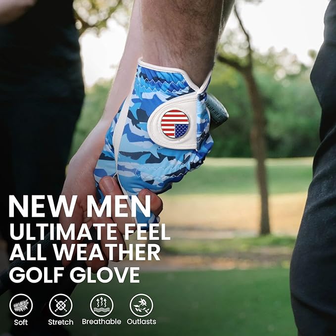 FINGER TEN Golf Gloves Men Right Handed Golfer Left Hand with Ball Marker 2 Pack Leather Breathable Comfortable Weathersof Grip Size Small Medium ML Large XL