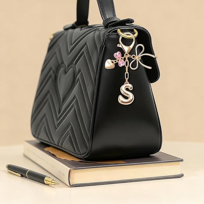 Gold Bubble Initial Keychain with Bow Decoration Bag Charms for Women, Cute Purse Handbag Accessories Gift