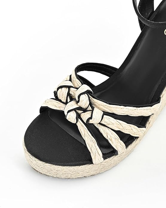 Open Toe Wedge Sandals for Women Espadrilles Platform Braided Strappy Sandals Comfortable Slip on High Heel Summer Wedges Sandals Dressy Shoes with Adjustable Ankle Strap