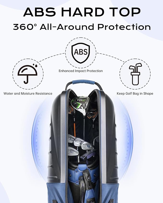 Golf Travel Bag with Hard Shell ABS Top - 1680D Heavy Duty Oxford Foldable Golf Club Travel Cover Case for Airlines with Wheels, Lockable Zippers & Reinforced Base