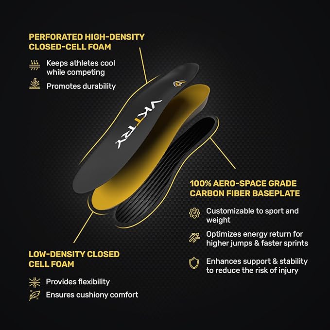 VKTRY Gold for Cleated Shoes - Carbon Fiber Performance Insoles Customized Athletic Inserts for Football, Baseball, Soccer, Golf, Lax & More | Run Fast, Jump High, US M8-8.5, W10-10.5, 121-170lb