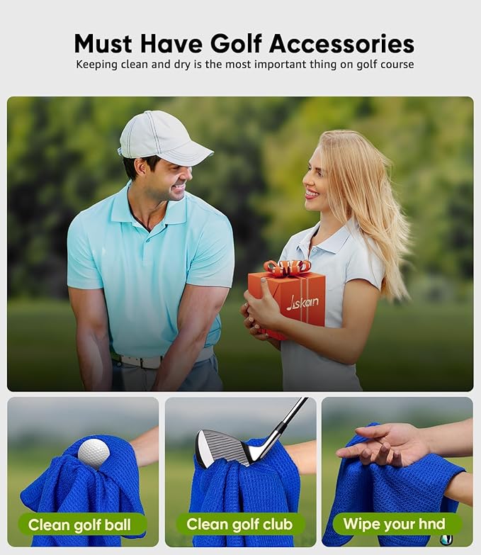 Pro Golf Towel Microfiber Golf Towel for Golf Bags (16" X 16") with Hook, Loop Fastener and Gift Box, Essentials Golf Accessories for Men, Golf Gifts for Men/Women