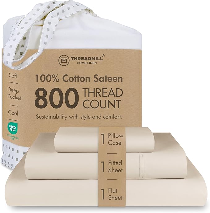 Threadmill Luxury 800 Thread Count 100% Cotton Sheets - Sateen Weave Twin XL Bed-Sheets, Better Than Egyptian Cotton,3 Pc Solid Soft Bedding Set (Light Beige), Fits 15" Deep Pocket