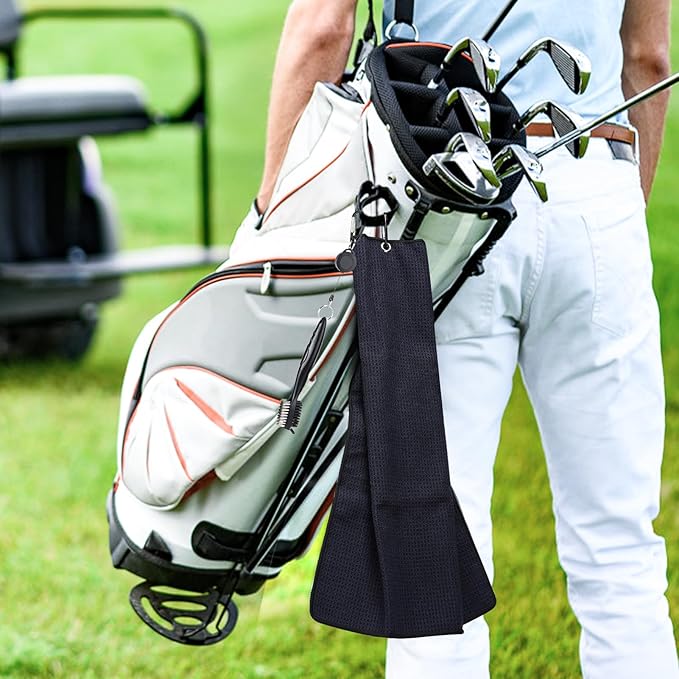 Aulock Golf Towel and Brush Set -16" x24" Microfiber Towels with Clip, Men Cleaning Kit with Golf Club Brush (2 Black Towels + 1 Brush + Golf Divot Tool)