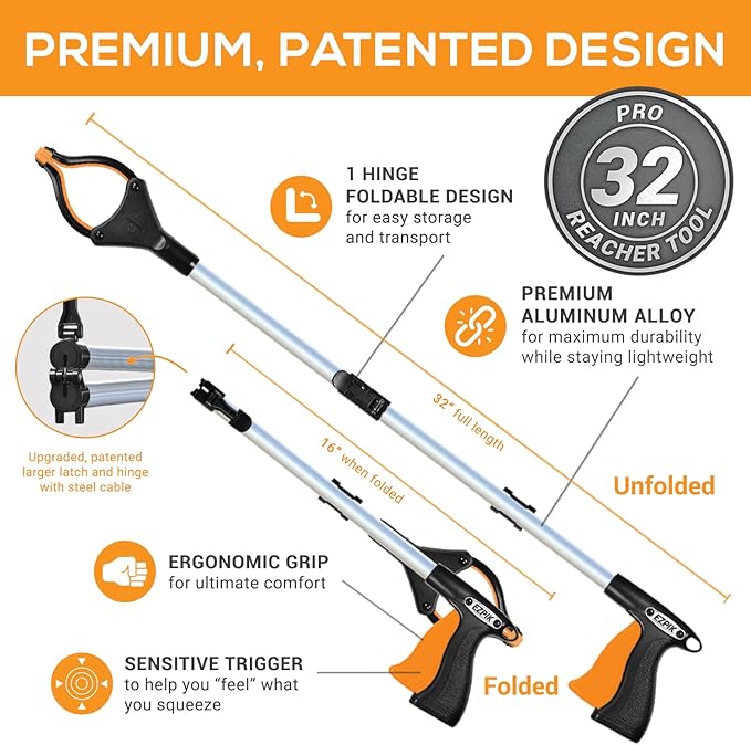 EZPIK Pro 32" Foldable Grabber Reacher Tool for Seniors - Grabbers for Elderly Reaching Tool Heavy Duty Pickup Trash Picker Upper Equipment - Claw Grabber Stick for Reaching Aids, Weed Gripper