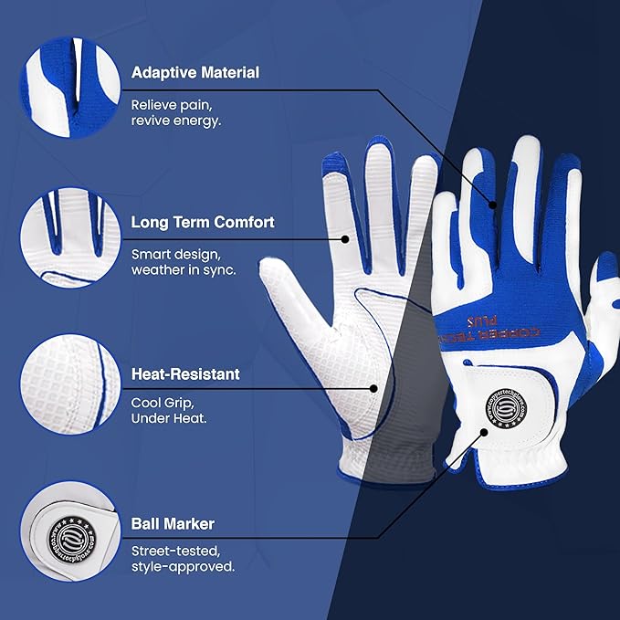 Men’s Golf Glove – White/Royal Blue – Copper Infused Compression for Arthritis Relief, Non-Slip Silicone Grip – USGA Approved