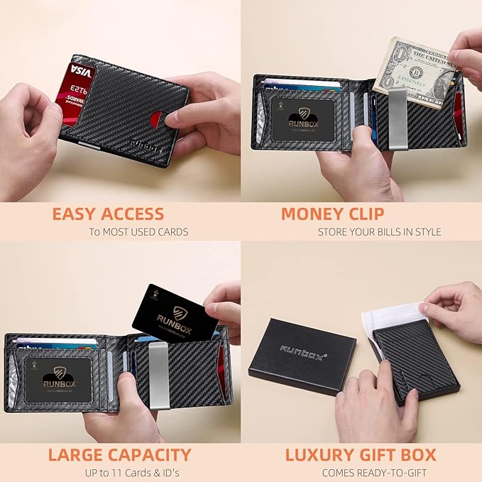 RUNBOX Money Clip Wallets for Men,Slim Leather Mens Bifold Wallet,RFID Blocking Front Pocket Wallet,Thin Credit Card Holder with Gift Box