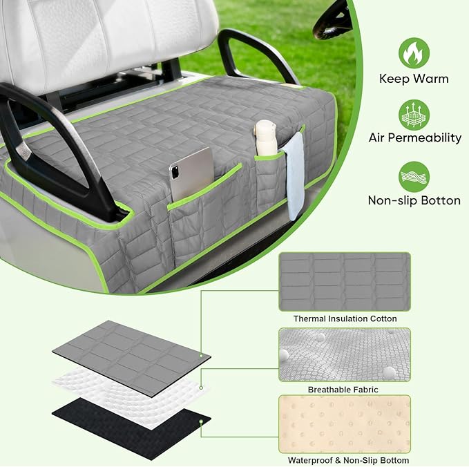 Golf Cart Seat Cover, Universal Bench Seat Cover with Storage Pockets, Non-Slip Seat Protector for Golf Cart, Fits EZGO Club Car Yamaha, Easy Install