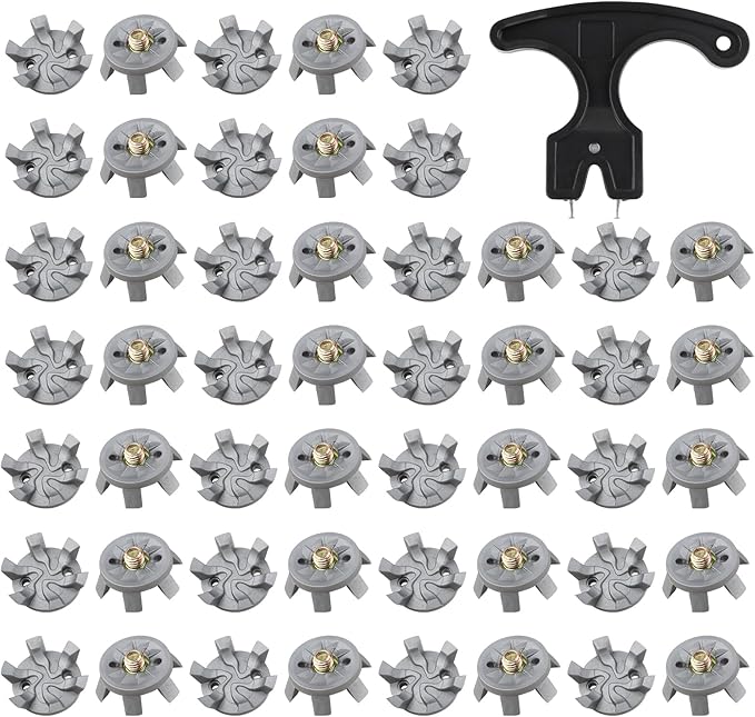 51PCS Golf Shoe Spikes Set, 50 Golf Shoe Cleats with 1 Black Spanner, 6 mm Metal Thread Screw, for Use on Lawns or Course(Grey)