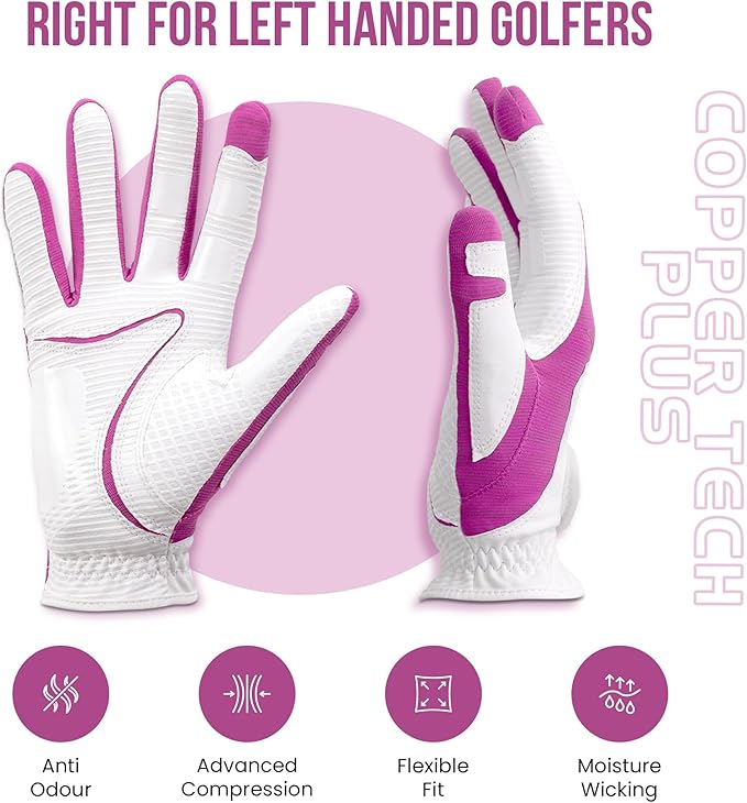 Women’s Golf Glove – White/Fuchsia – Copper Infused Compression for Arthritis Relief, Non-Slip Silicone Grip – USGA Approved, 1 Pack