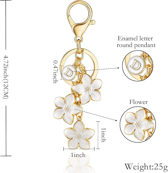 XGALBLA White/Pink/Black Big Cute Flower Initial Letter Keychain for Women, Flower Bag Charms Enameled Keychain Handbag Purse