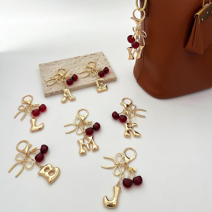 Gold Bubble Heart, Cherry, Bow & More Designs Letter Initial Keychain Bag Charms – Cute Purse Charms for Handbags