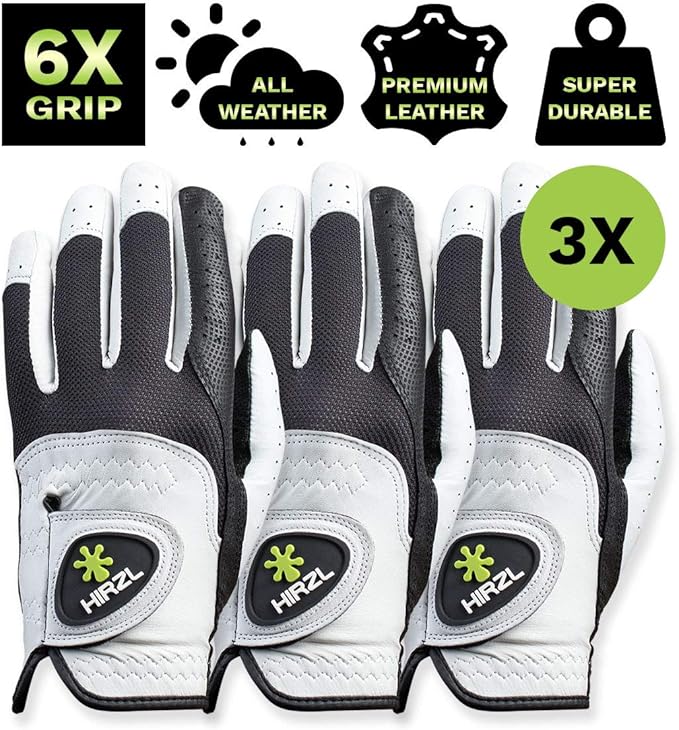 HIRZL Trust Control 2.0 Golf Gloves, All Weather Mens Golf Glove, White/Black, Kangaroo Leather Palm, Cabretta Leather Backhand, Trusted by Pro’s, Sweat Free, Ultimate Grip