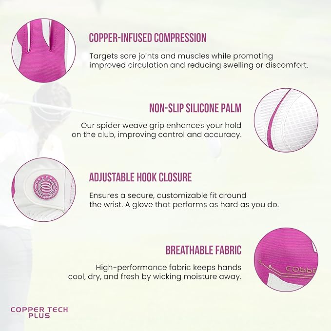 Women’s Golf Glove – White/Fuchsia – Copper Infused Compression for Arthritis Relief, Non-Slip Silicone Grip – USGA Approved, 1 Pack
