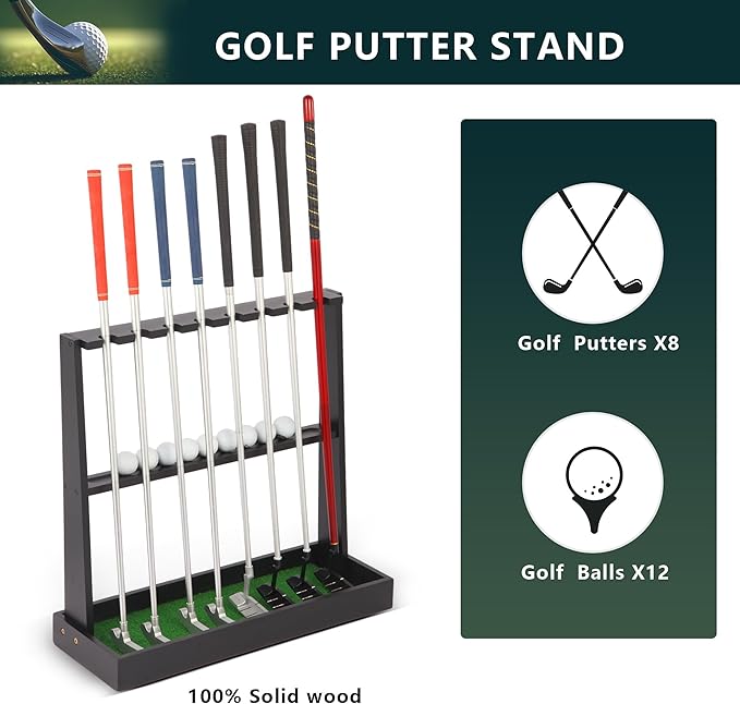 Golf Putter Stand, Golf Club Holder Stand Floor Display Rack - Holds 8 Clubs & 12 Balls with Artificial Grass Base, Wood Outdoor Golf Club Organizer for Indoor, Home, Office, Golf Club, Black