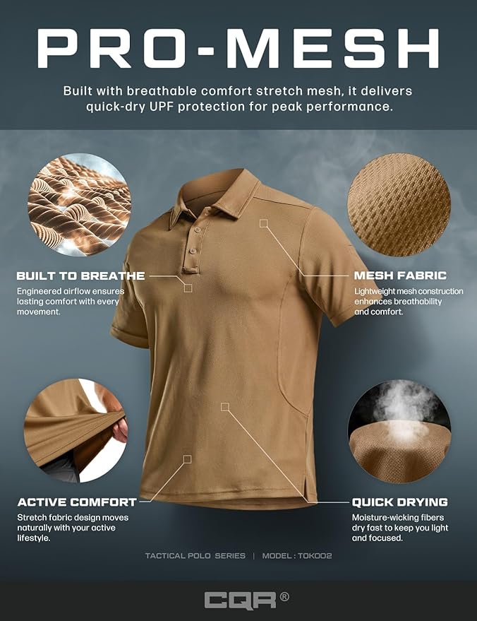 CQR Men's Polo Shirts, Tactical Short Sleeve Golf Performance Shirts, Lightweight Dry Fit UPF 50+ Pique