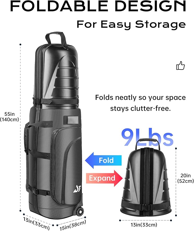 Golf Travel Bag with Hard Shell ABS Top - 1680D Heavy Duty Oxford Foldable Golf Club Travel Cover Case for Airlines with Wheels, Lockable Zippers & Reinforced Base