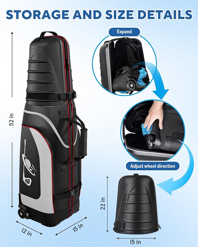 M KARMATER Golf Travel Bags for Airlines with Wheels - Foldable Hard Case with ABS Top and 1680D Heavy Duty Oxford, Full Padding Protection, 3 Storage Compartments for Golf Clubs and Accessories