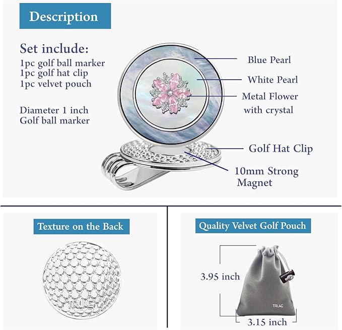 Golf Ball Marker Hat Clip with Pearl Ball Marker, Golf Gifts, Golf Accessories, Golf Ball Markers for Women