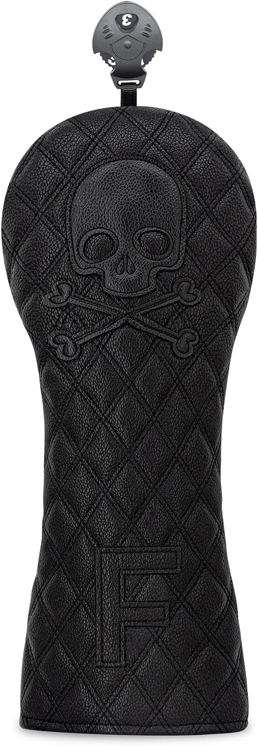 Grid Black Line Skull Golf Club Covers – Driver Headcover, Fairway Wood & Hybrid, 3 Wood Headcover, Black Skull Leather, Waterproof Easy-Clean, Universal Fit The Most Brands