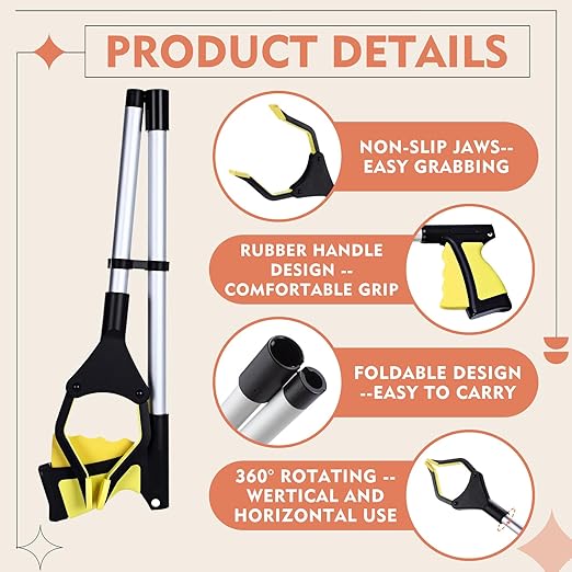 Ctosree 8 Pack 32" Trash Grabber Reacher Tool for Elderly, Foldable Litter Picker Upper, Lightweight Trash Pick up Stick, Long Handy Mobility Aids for Home Garden Arm Extension(Yellow)