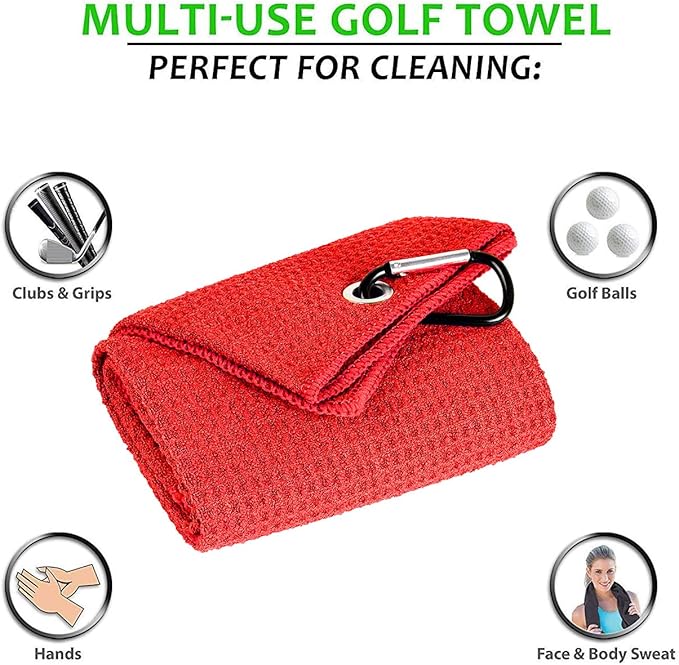 Golf Towels, Microfiber Waffle Pattern Tri-fold Golf Towel - Brush Tool Kit with Club Groove Cleaner, with Clip Men Women Golf Gifts (Red Towel+Black Brush)