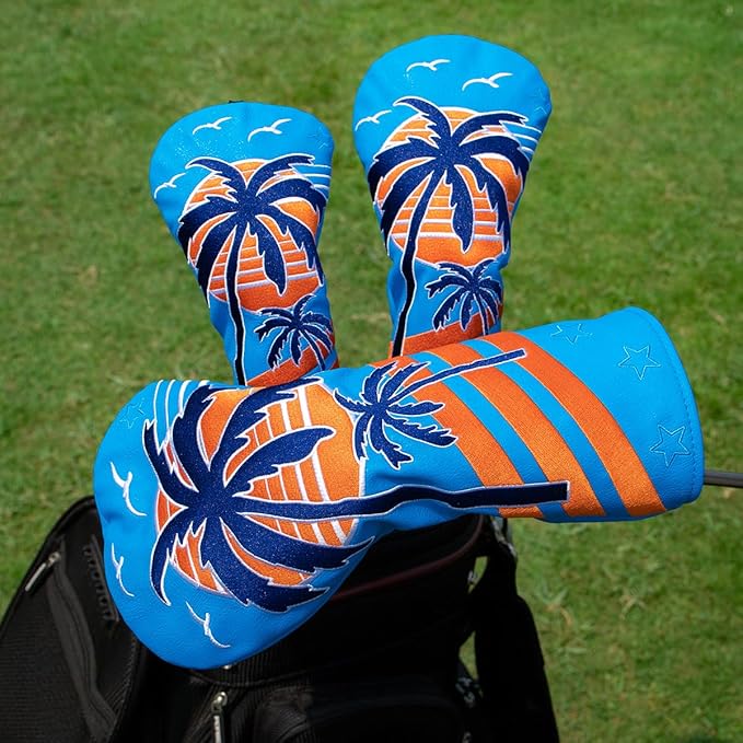 Montela Golf Club Covers Summer Coconut Tree Golf Putter Cover Driver Cover Fariway Wood Headcover Hybrid Covers Mallet Putter Headcover Blade Golf Headcover for Most Brand