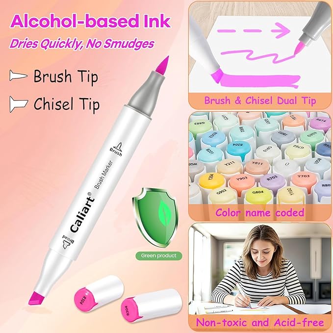 Caliart 61 Colors Pastel Alcohol Brush Markers, Art Marker Set Dual Tip Brush & Chisel, with Case Permanent Alcohol Based Colored Pens for Adults Coloring Book Artists Drawing Supplies Gifts