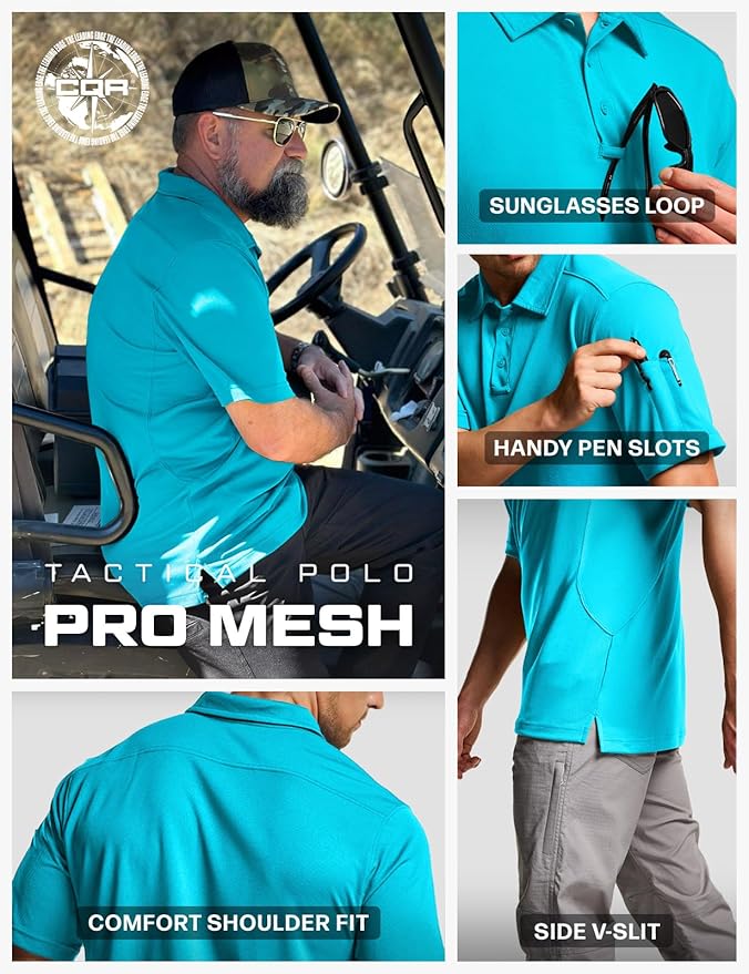 CQR Men's Polo Shirts, Tactical Short Sleeve Golf Performance Shirts, Lightweight Dry Fit UPF 50+ Pique