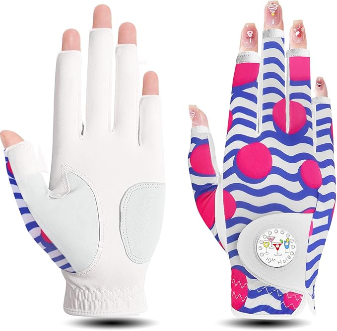 FINGER TEN Stylish Golf Gloves Women with Ball Marker 1 Pack for Left or Right Hand, Breathable Glove with Fashion Patterns for Ladies Right Left Handed Golfer