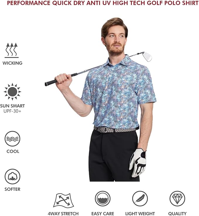 Golf Shirts for Men Dry Fit Short Sleeve Print Performance Moisture Wicking Polo Shirt