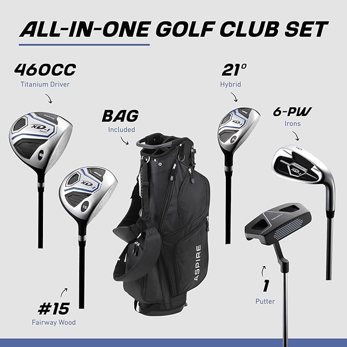Aspire XD1 Men’s 14-Piece Golf Set – 460cc Titanium Driver, Wood, Hybrid, 6-PW Irons, Putter, Stand Bag, 3 Headcovers and Cover