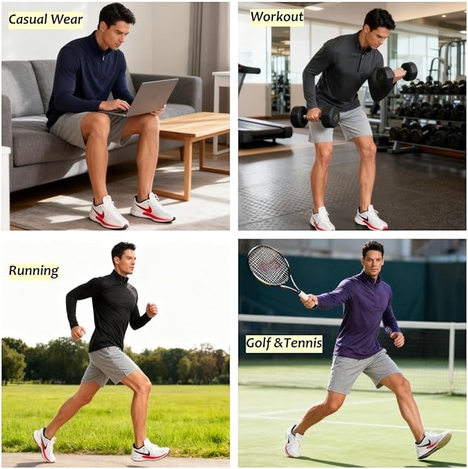 Mens Long Sleeve Shirts Quarter Zip Pullover UPF 50+ Sun Protection Wicking Moisture Workout Running Casual Athletic Tops