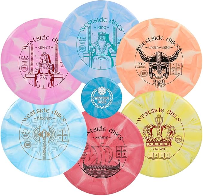 Westside Discs Origio Burst 6-Disc Golf Set - Beginner Frisbee Golf Discs Set for Men - 2X Drivers, 2X Fairway Driver, 1x Midrange & 1x Putter - Mini Marker Included - Colors Will Vary