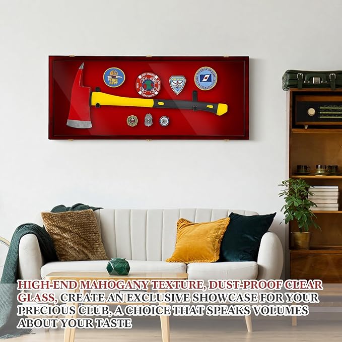 44.5'' Firefighter Fireman Axe Display Case Wooden Wall Mount Storage Display Rack with Hanger Stand Lock W/ 98% UV Protection Acrylic Clear Door for Retired Firefighter Collector Memorabilia