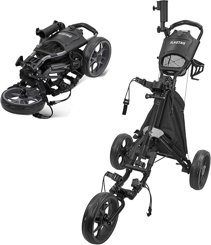 Golf Push Cart 3 Wheel,Foldable Golf Push Cart,Golf Bag Cart with Foot Brake,Umbrella Holder, Cup Holder, Storage Compartment