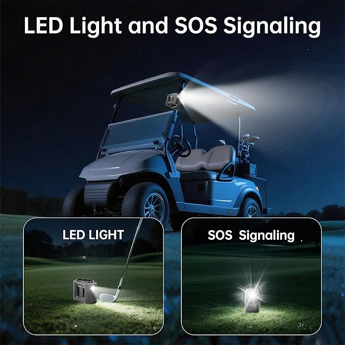 Rechargeable Golf Cart Fan, 14500mAh Battery Powered, 35Hrs Cooling, 5 Powerful Speed & LED Lantern, Dual Head Strong Clip Compatible with EZGO Club Car Yamaha, Golf Cart Push Cart Accessories