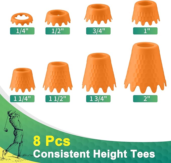 8 Pack ‌Simulator Golf Tees, TPU Unbreakable Material, Height from 1/4" to 2", Suitable for Indoor, Outdoor, Winter, Golf Mats, Turf and Driving Range