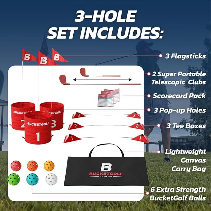 bucketgolf Original Game 3 Hole Travel Set with Clubs - #1 New Backyard Golf Game for The Yard and All Ages Adults and Kids. Beach, Park, School. (1 Right + 1 Left Club)