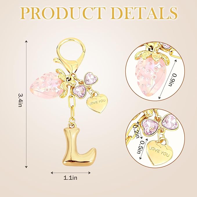 Snycler Bubble Initial Keychain with Strawberry & Bow- Gold Letter Bag Charms for Women, Cute Purse Handbag Accessories