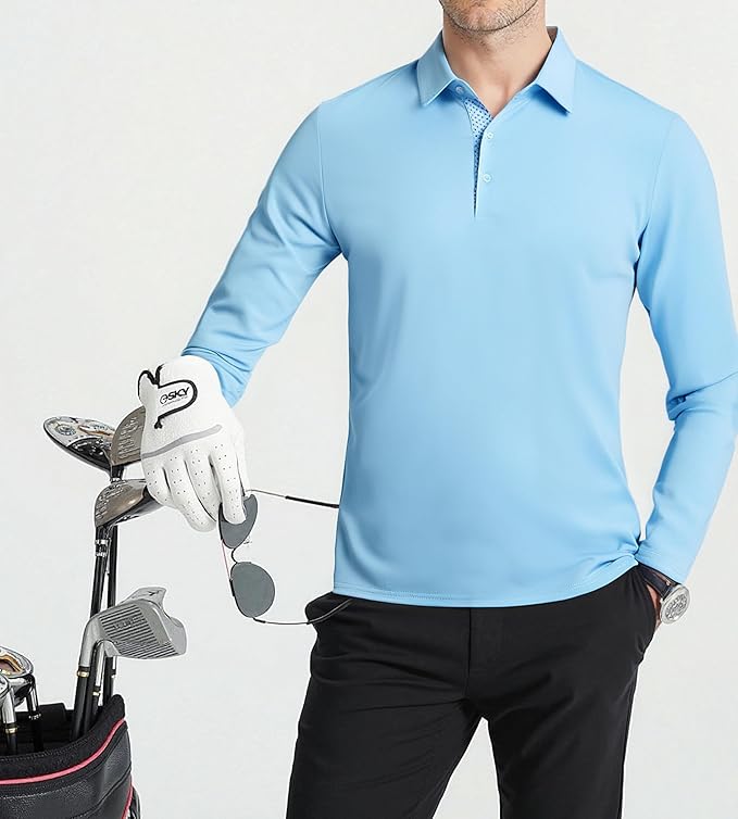 Alex Vando Mens Golf Shirt Moisture Wicking Quick-Dry Solid Long Sleeve Polo Shirts for Men