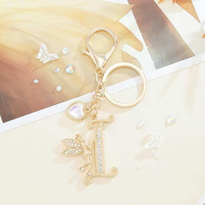 Gold Plated Alphabet Initial Letter Keyring Keychain for Women Girls Crystal Key Chains for Wallet Backpack Bag Charm