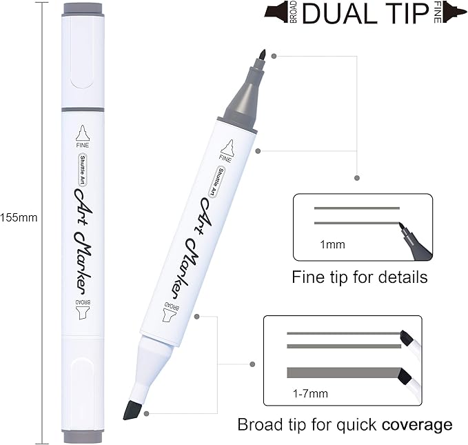 Shuttle Art 15 Colors Grey Tones Dual Tip Art Marker, Alcohol Based Marker Pens Double Ended with Fine and Chisel Point Tips Perfect for Drawing,Shading,Sketching,Designing,Outlining,Illustrating