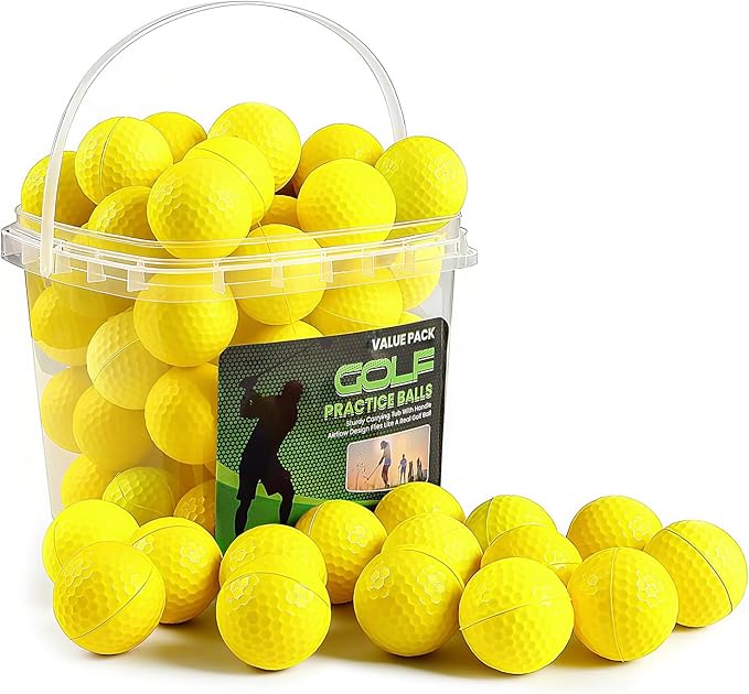 FINGER TEN Golf Practice Balls with Bucket Value 50 Pack, Soft Foam with Limited Flight for Safe Practice, Orange Yellow Pink Bright Colors for Indoor Outdoor Backyard Pool Use