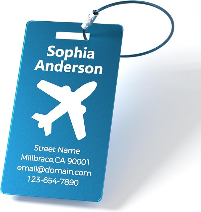4 Pack Personalized Luggage Tags, Custom Engraved Aluminum Luggage Tags with Your Personalized Text, Waterproof Metal Name Tags with Steel Loop for Bags, Suitcase, Baggage, Backpack (Blue, Large)