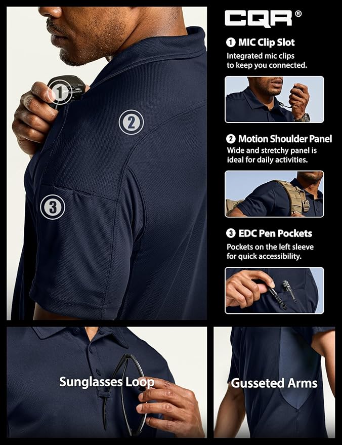 CQR Men's Polo Shirts, Tactical Short Sleeve Golf Performance Shirts, Lightweight Dry Fit UPF 50+ Pique
