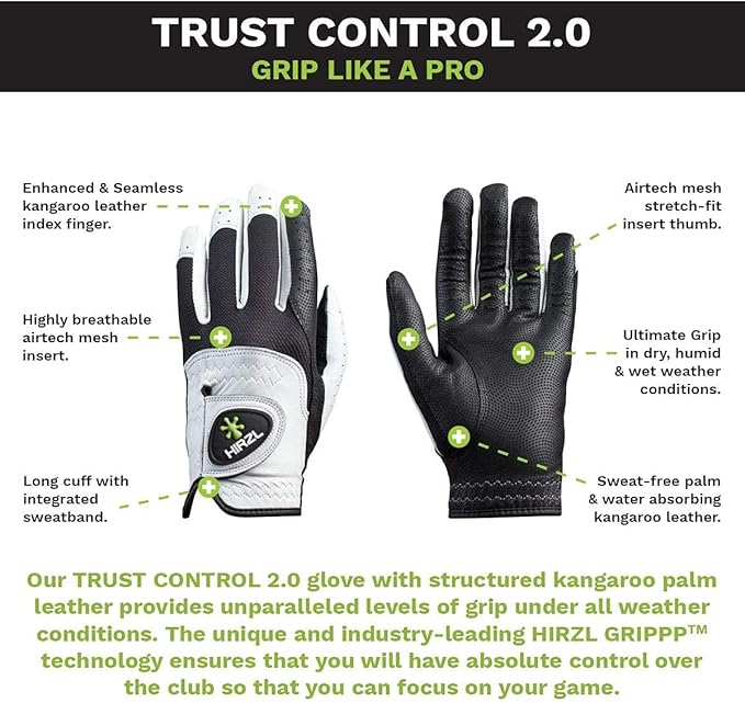HIRZL Trust Control 2.0 Golf Gloves, All Weather Mens Golf Glove, White/Black, Kangaroo Leather Palm, Cabretta Leather Backhand, Trusted by Pro’s, Sweat Free, Ultimate Grip