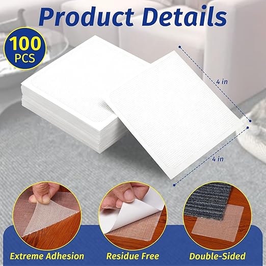 Carpet Tile Tape Double Sided, 4 x 4 Inches 100 Tabs, Rug Tape Grippers for Indoor Outdoor Use, Non Slip Adhesive for Area Rugs on Hardwood, Vinyl, Concrete Floors, Residue Free