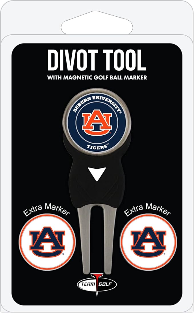 Team Golf NCAA Auburn University Tigers Divot Tool Pack With 3 Golf Ball Markers Divot Tool with 3 Golf Ball Markers Pack, Markers are Removable Magnetic Double-Sided Enamel